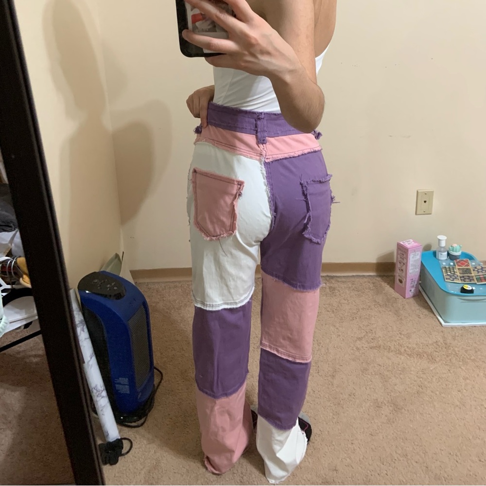Pink purple white patchwork pants! Main character vibes.